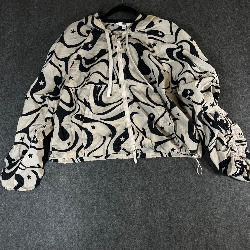 JoyLab Womens Swirl Star Print Ruched Sleeve Hooded Windbreaker Jacket Cream L